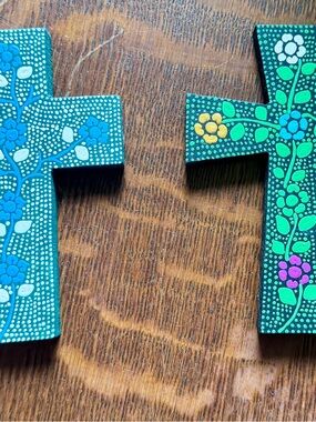 Hand-Painted Floral Wooden Crosses - Teal & Green